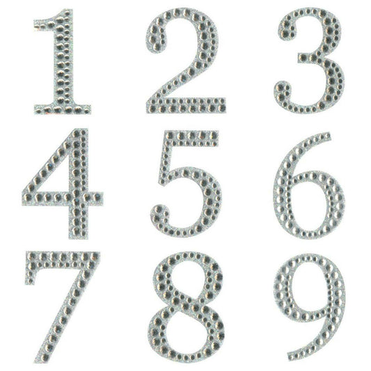 Eleganza 5cm self-adhesive silver diamante and glitter number stickers 0 to 9
