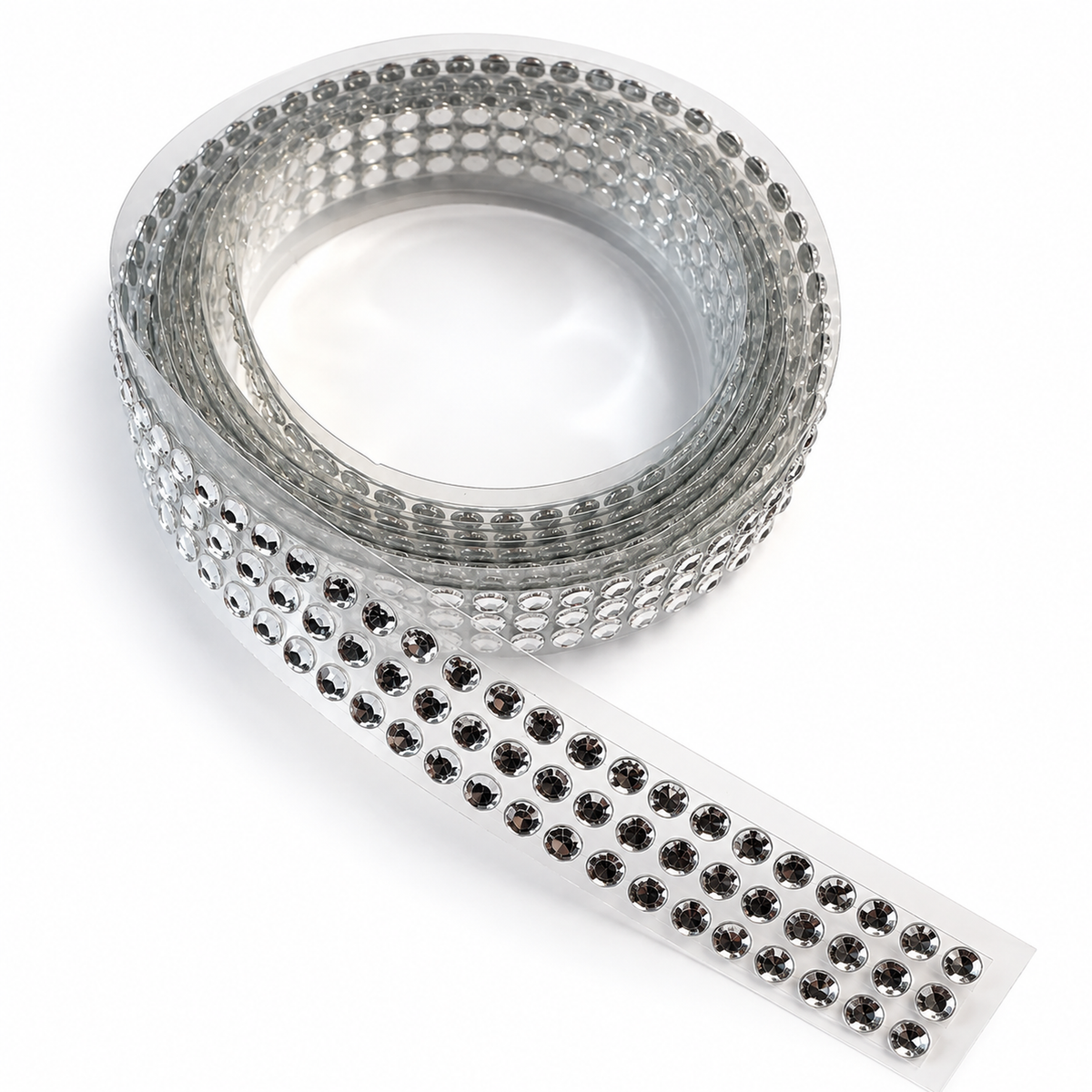 Close-up of Eleganza self-adhesive clear rhinestone trim showing three rows of diamanté stones