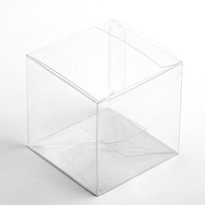 Empty clear 70mm cube wedding favour box with crash-locking base and flap lid