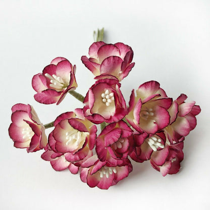 Fuchsia pink 25mm mulberry paper cherry blossom flowers with wire stems for crafts