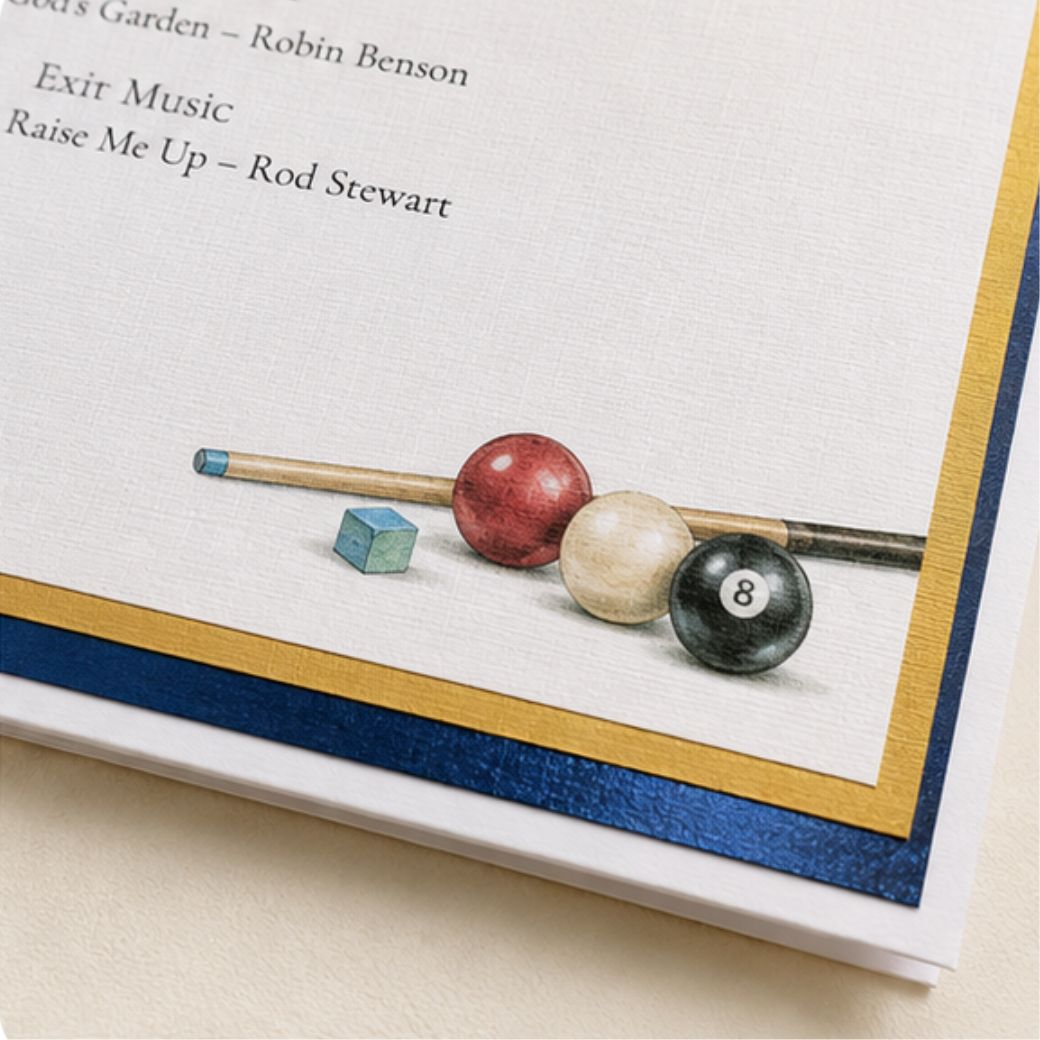 A close-up of a personalised funeral order of service program featuring a watercolor illustration of pool: a cue stick, red, cream, and black pool balls, and a small blue cube. Text at the top reads 'Exit Music Raise Me Up - Rod Stewart.