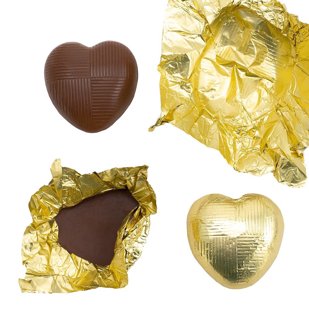 Gold foil wrapped heart chocolate with Belgian milk chocolate heart