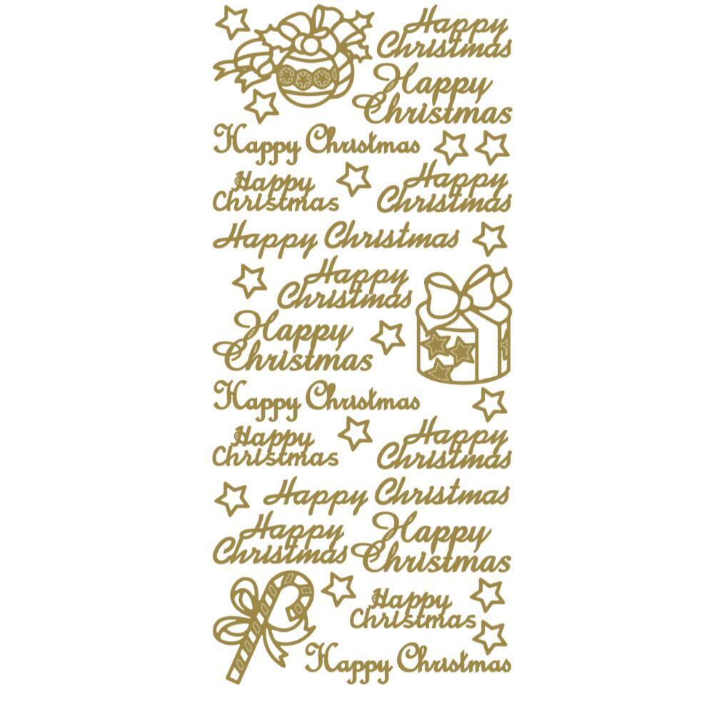 Gold sticker sheet with 16 Happy Christmas greetings, stars, bauble, gift and candy cane