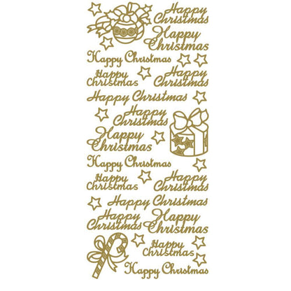 Gold sticker sheet with 16 Happy Christmas greetings, stars, bauble, gift and candy cane