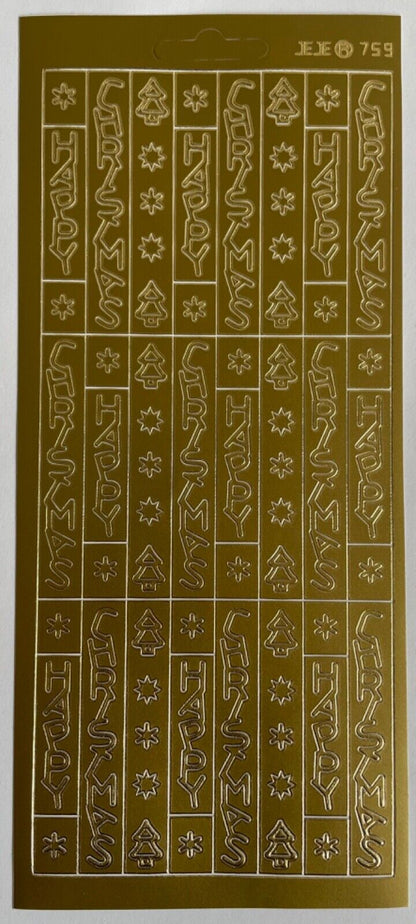 Gold vertical Happy Christmas peel off sticker sheet for handmade cards