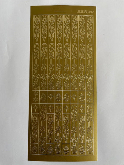 Gold vertical Merry Christmas peel off sticker sheet for card making