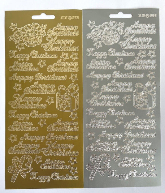 Gold and silver Happy Christmas peel off sticker sheets with 16 greetings and festive motifs