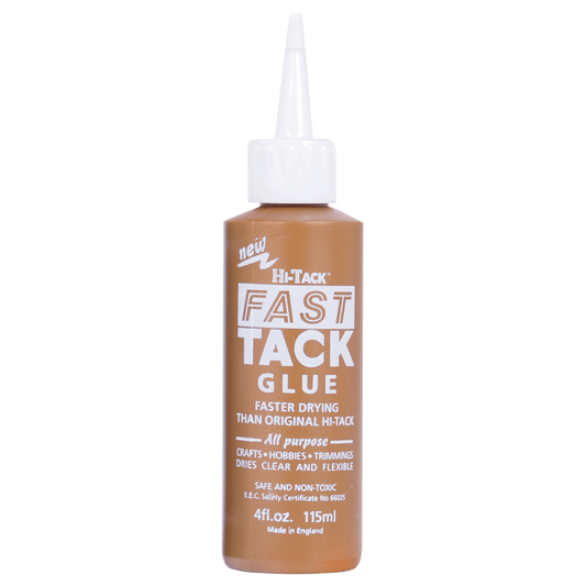 Hi Tack Fast Tack Glue dries clear and flexible for crafts, hobbies, trimmings in a handy brown squeeze botte