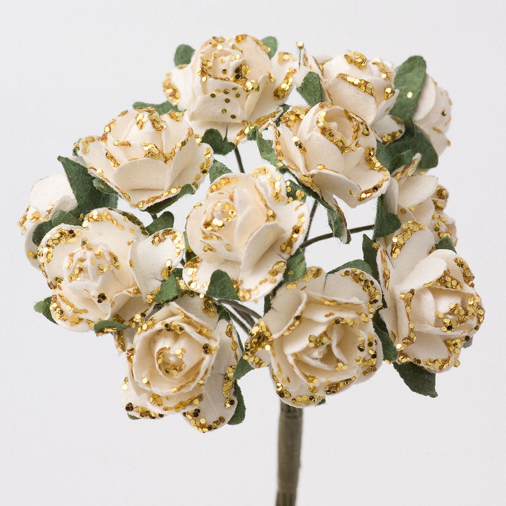 Ivory & Gold Glitter 15mm wired paper tea roses