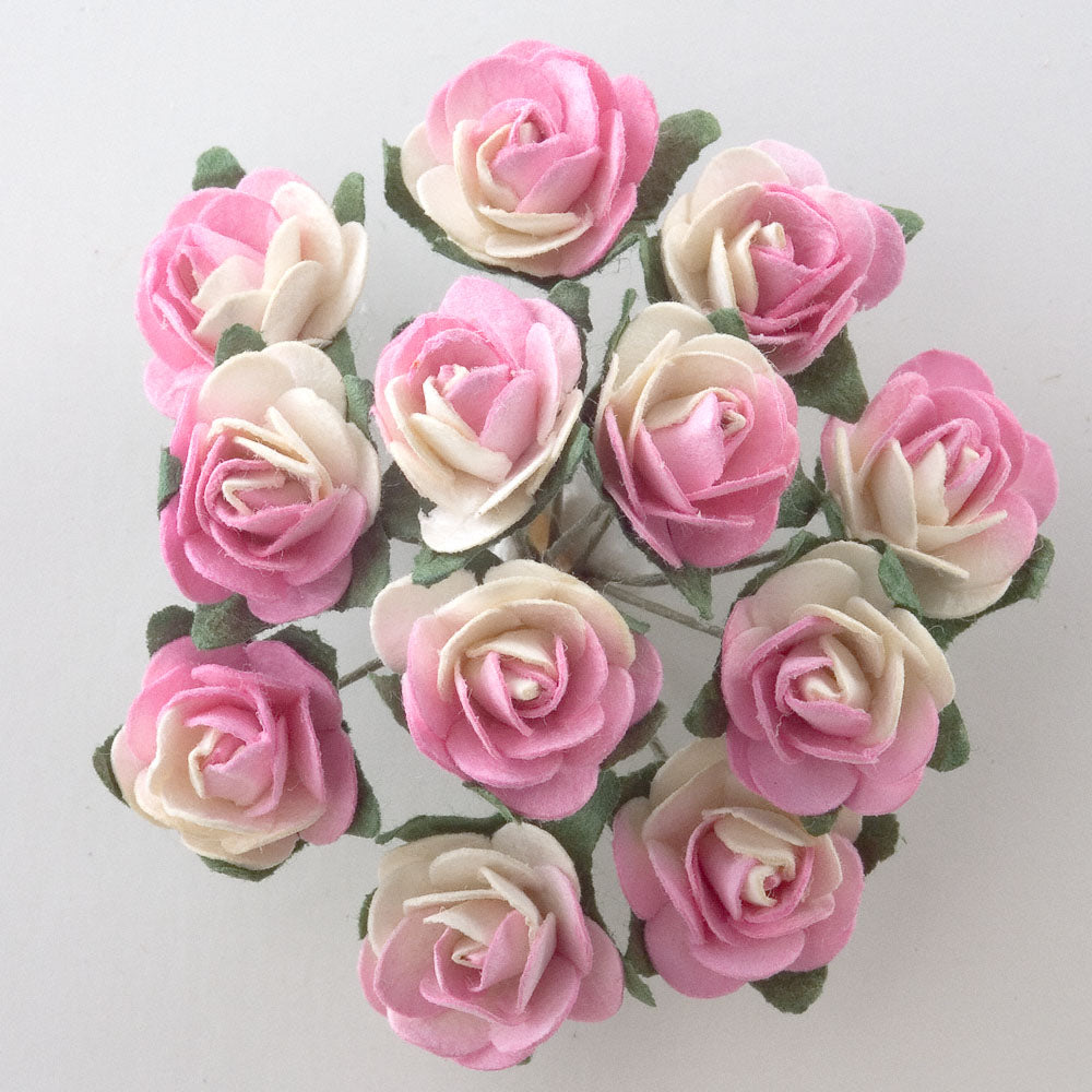 Ivory & Pink 15mm wired paper tea roses