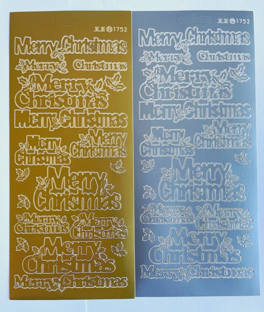 Large Merry Christmas peel off sticker sheets in gold and silver