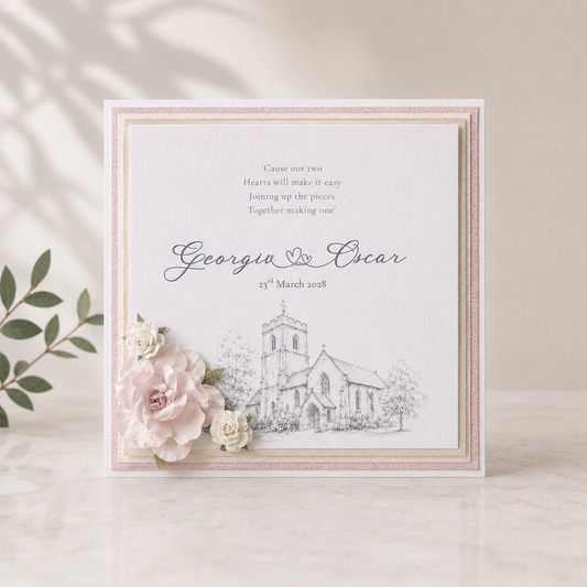 A square wedding invitation card with a church sketch and the names Georgina & Oscar, styled with pale pink and white flowers on a light marble surface with soft leaf shadows.