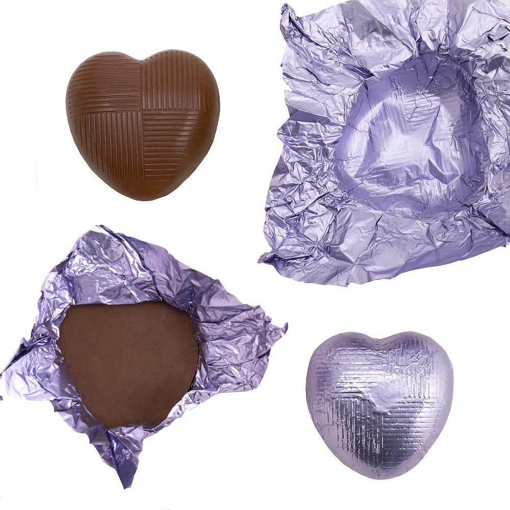 Lilac foil heart chocolates for wedding favours and table settings
