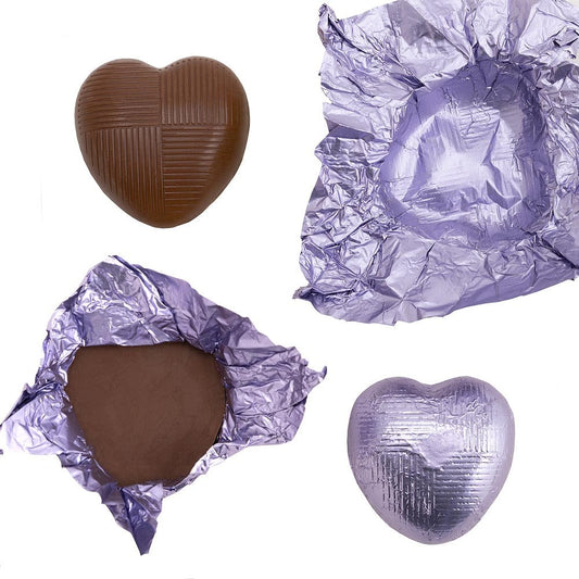 Lilac foil heart chocolates for wedding favours and table settings