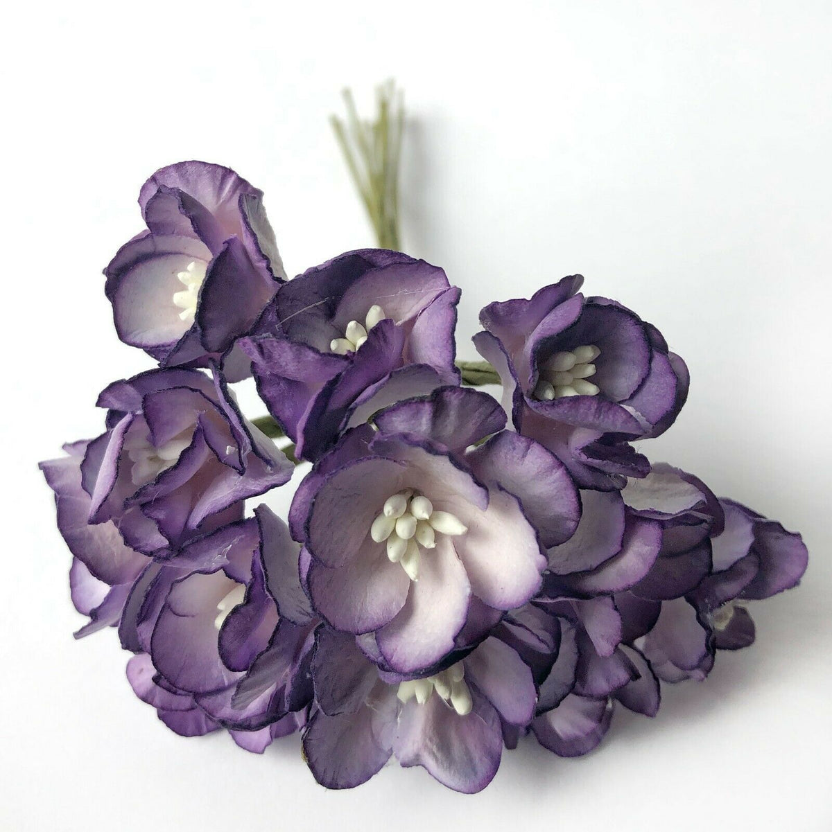 Lilac purple 25mm mulberry paper cherry blossom flowers with wire stems for card making