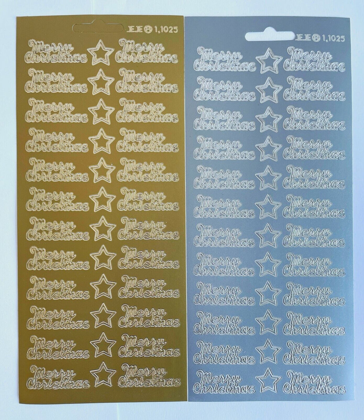 Gold and silver Merry Christmas peel off stickers with 24 greetings and stars