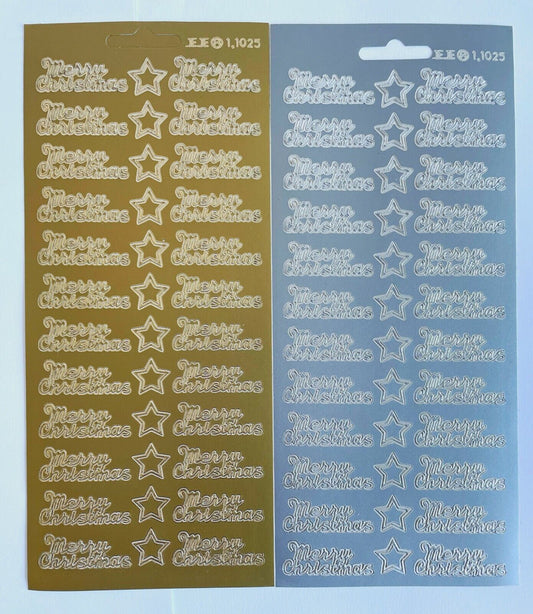 Gold and silver Merry Christmas peel off stickers with 24 greetings and stars