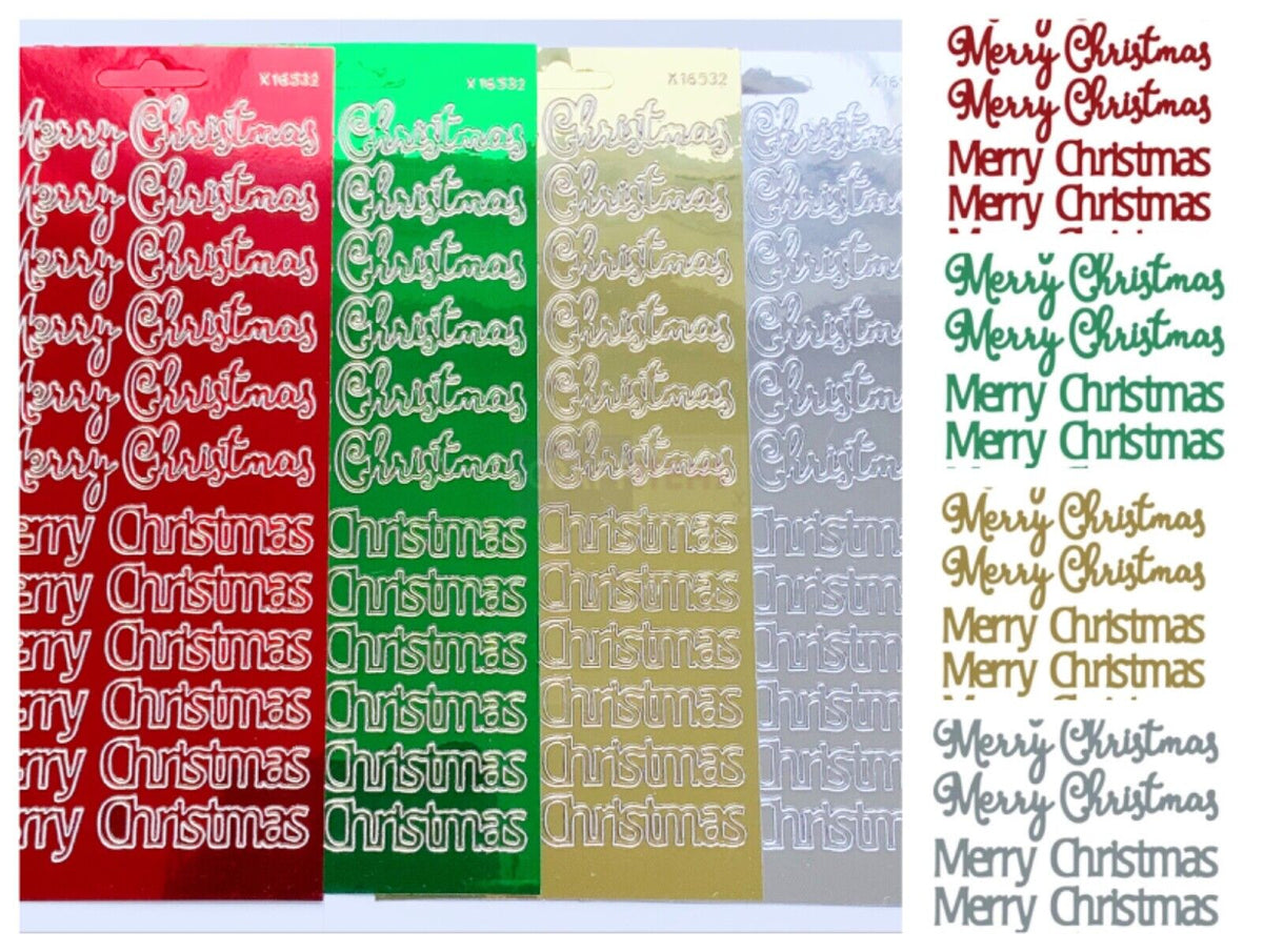 Merry Christmas mirror peel off sticker sheets in red, green, gold and silver