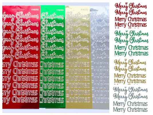 Merry Christmas mirror peel off sticker sheets in red, green, gold and silver