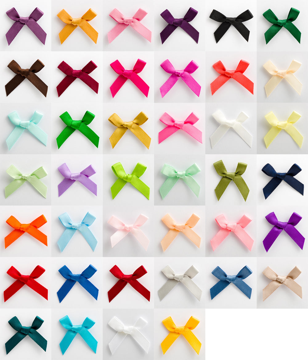 Mini satin ribbon bows colour chart showing the available 3cm pre-tied bow range