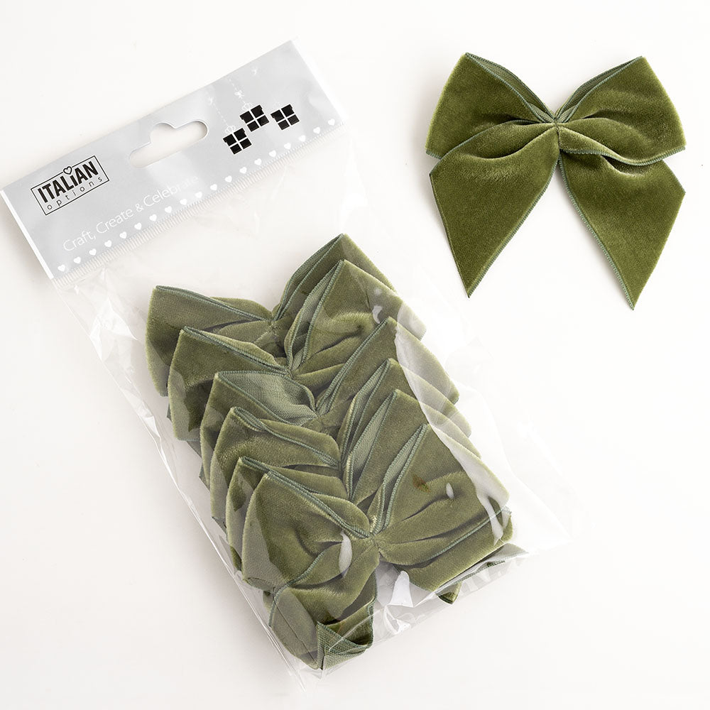 Pack of six moss green 10cm self-adhesive velvet gift bows