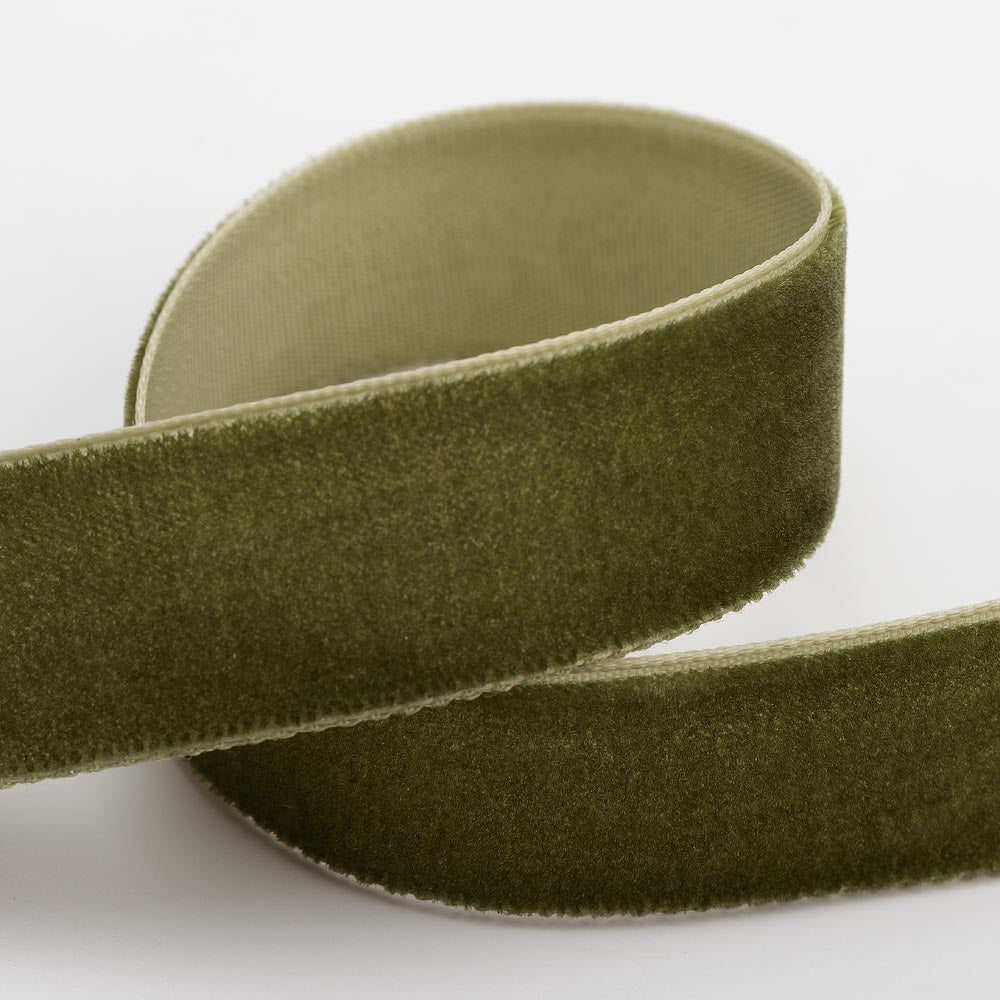 Moss Green single-face velvet ribbon in 9mm, 16mm and 25mm widths