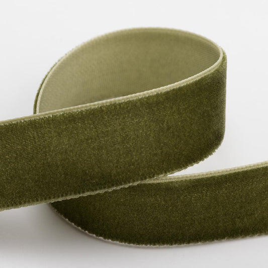 Moss Green single-face velvet ribbon in 9mm, 16mm and 25mm widths
