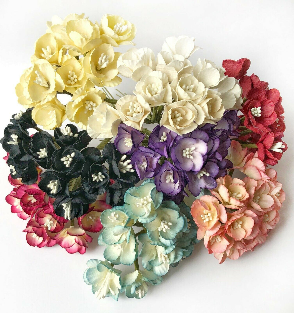 25mm mulberry paper cherry blossom craft flowers in assorted colours with flexible wire stems