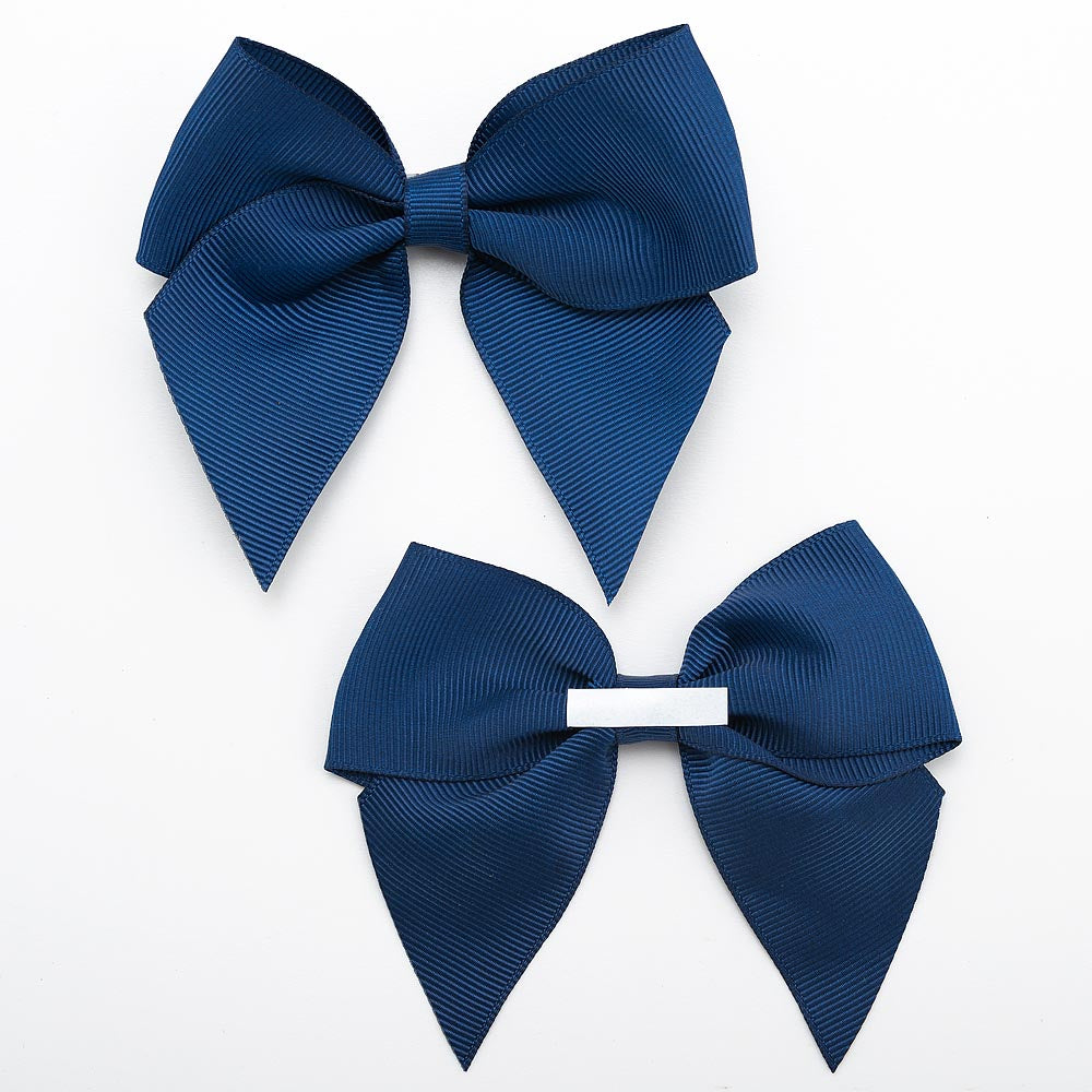 Front and back of navy 10cm grosgrain bow showing the self-adhesive strip