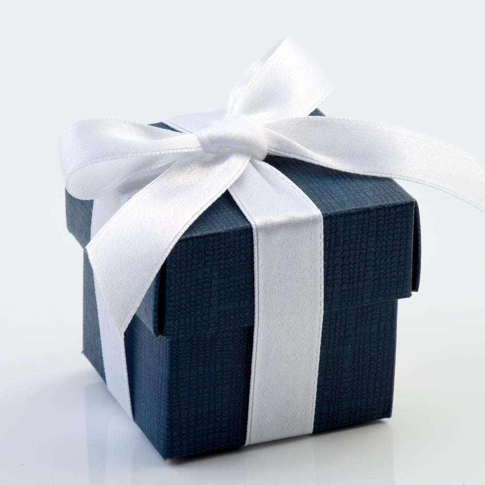 Navy silk-finish square wedding favour box with separate lid