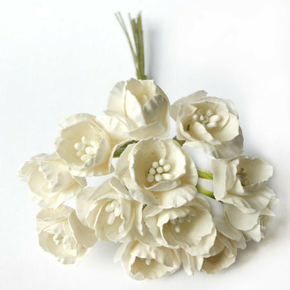 Off white 25mm mulberry paper cherry blossom flowers with wire stems for wedding stationery