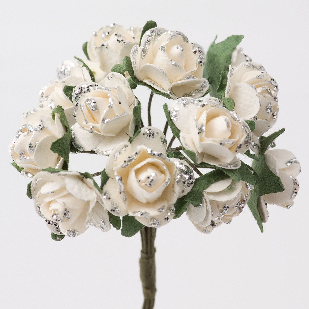 Off White & Silver Glitter 15mm wired paper tea roses