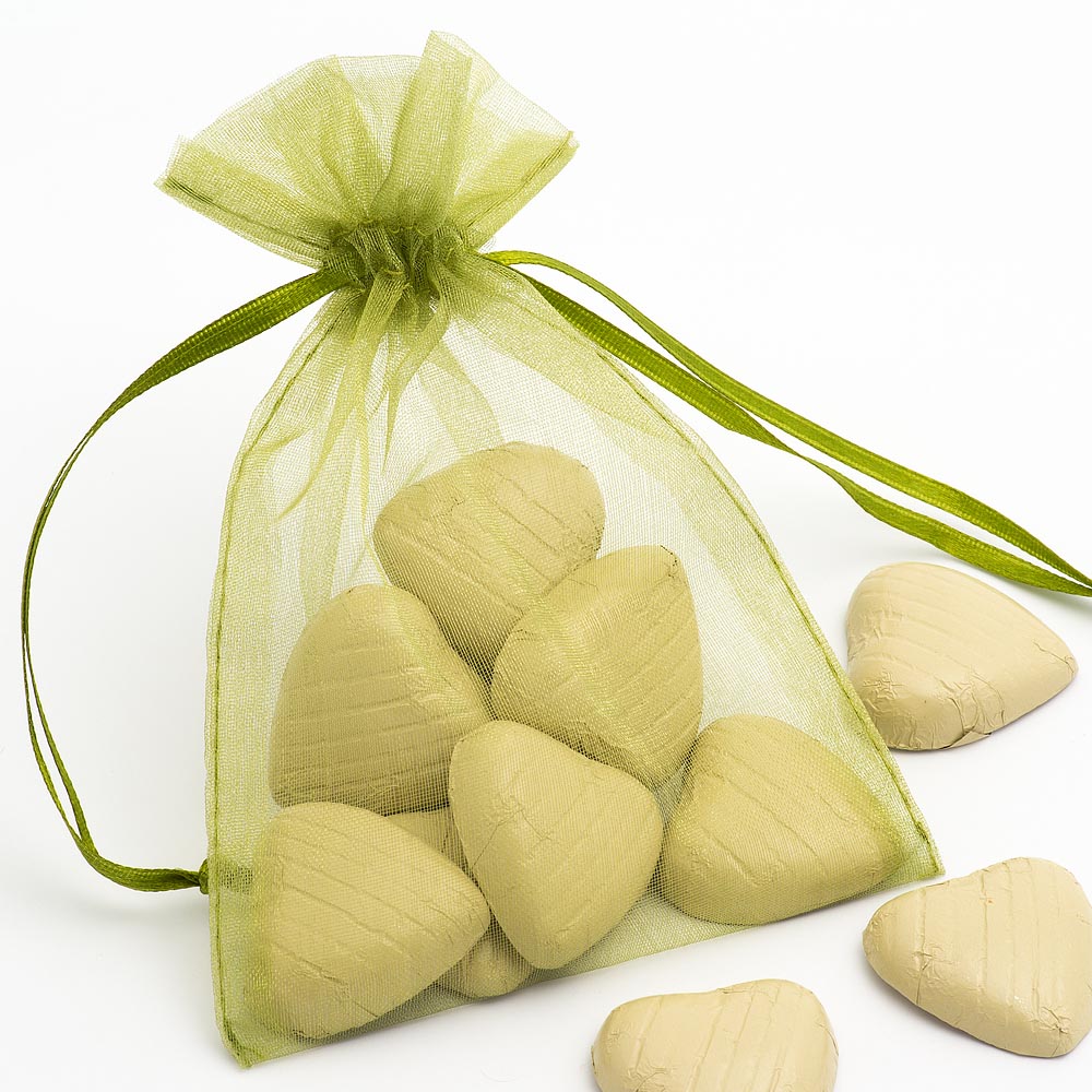 Olive organza wedding favour bag filled with sweets