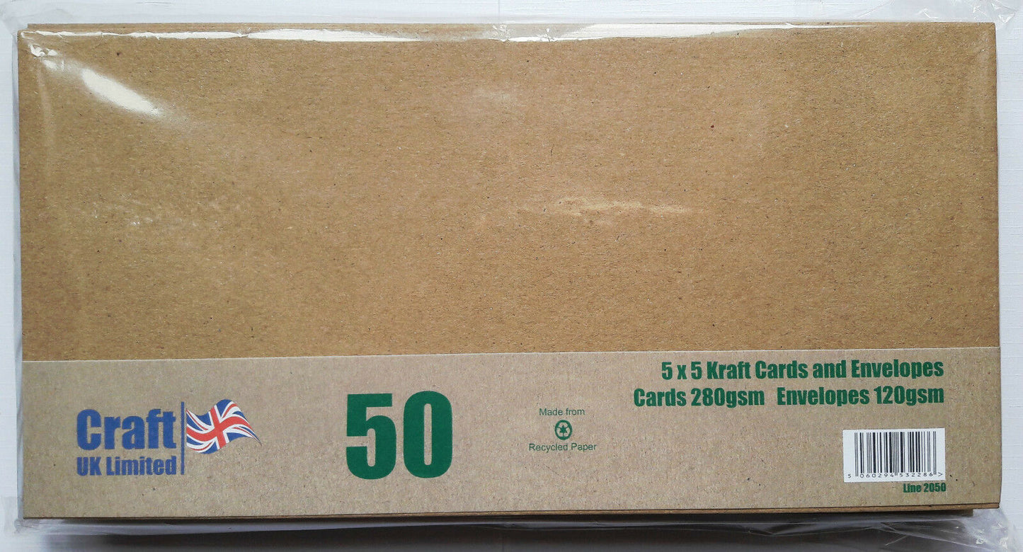 Pack of 50 5 x 5 kraft card blanks with matching brown envelopes