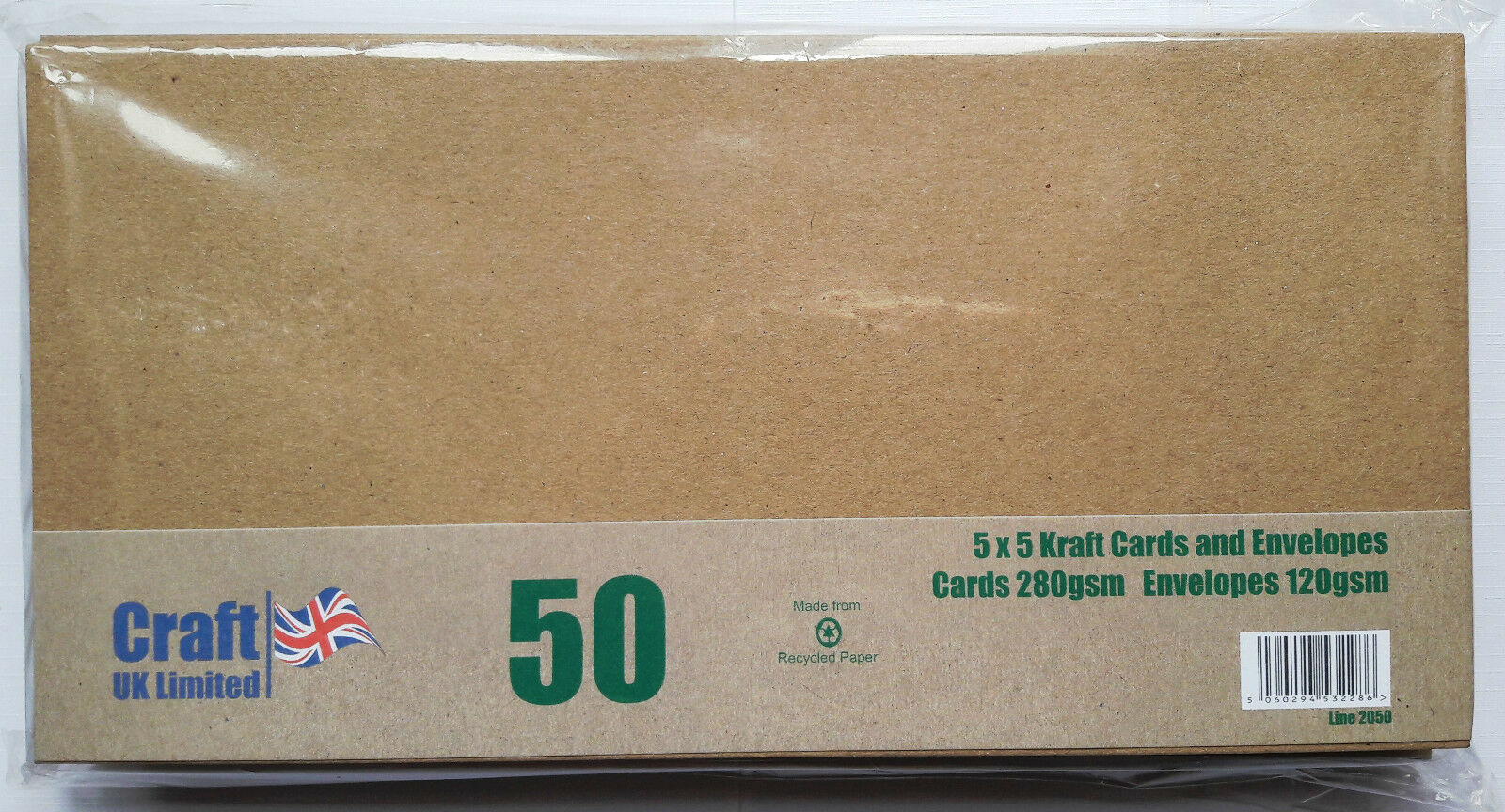 Pack of 50 5 x 5 kraft card blanks with matching brown envelopes