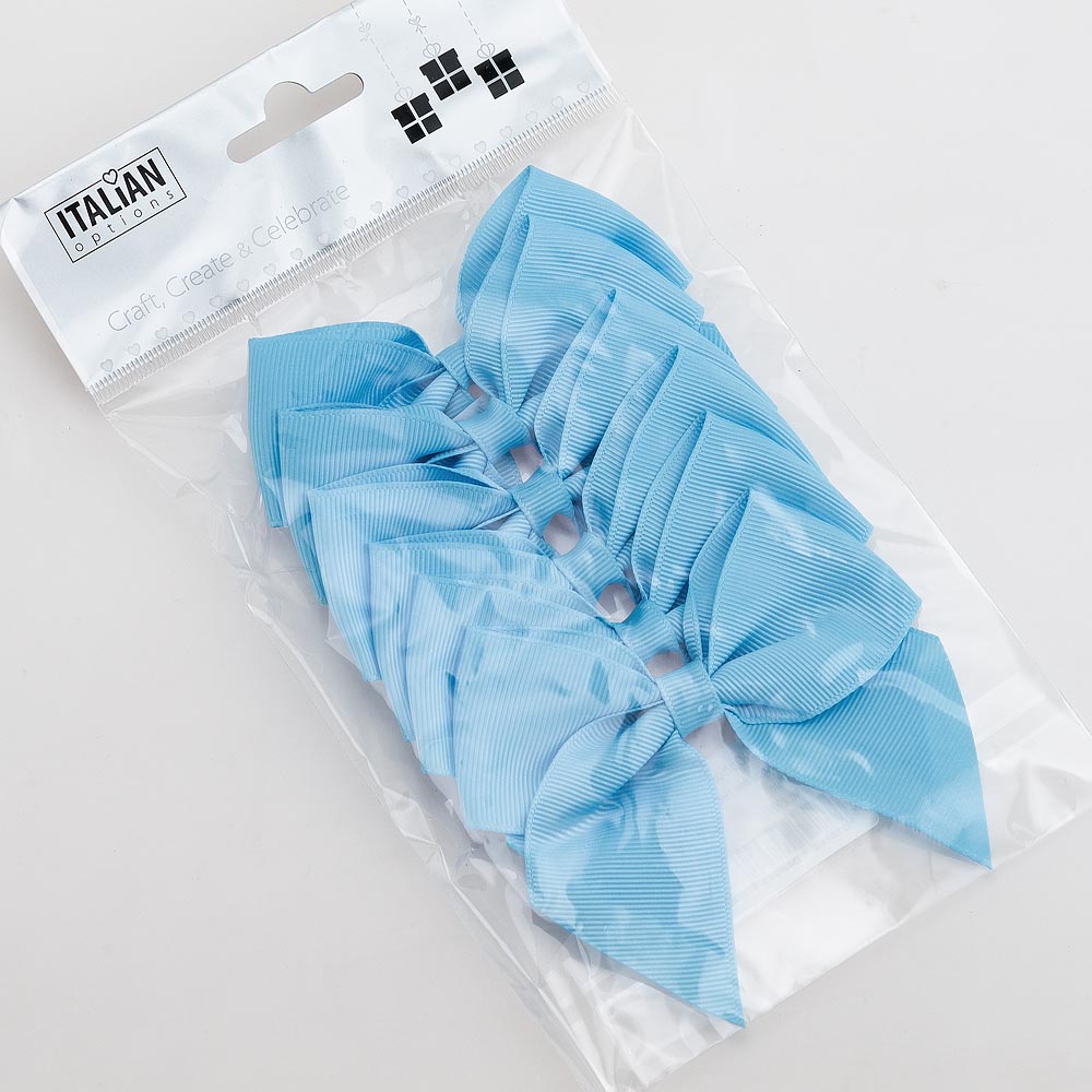 Pack of six pale blue 10cm self-adhesive grosgrain ribbon bows