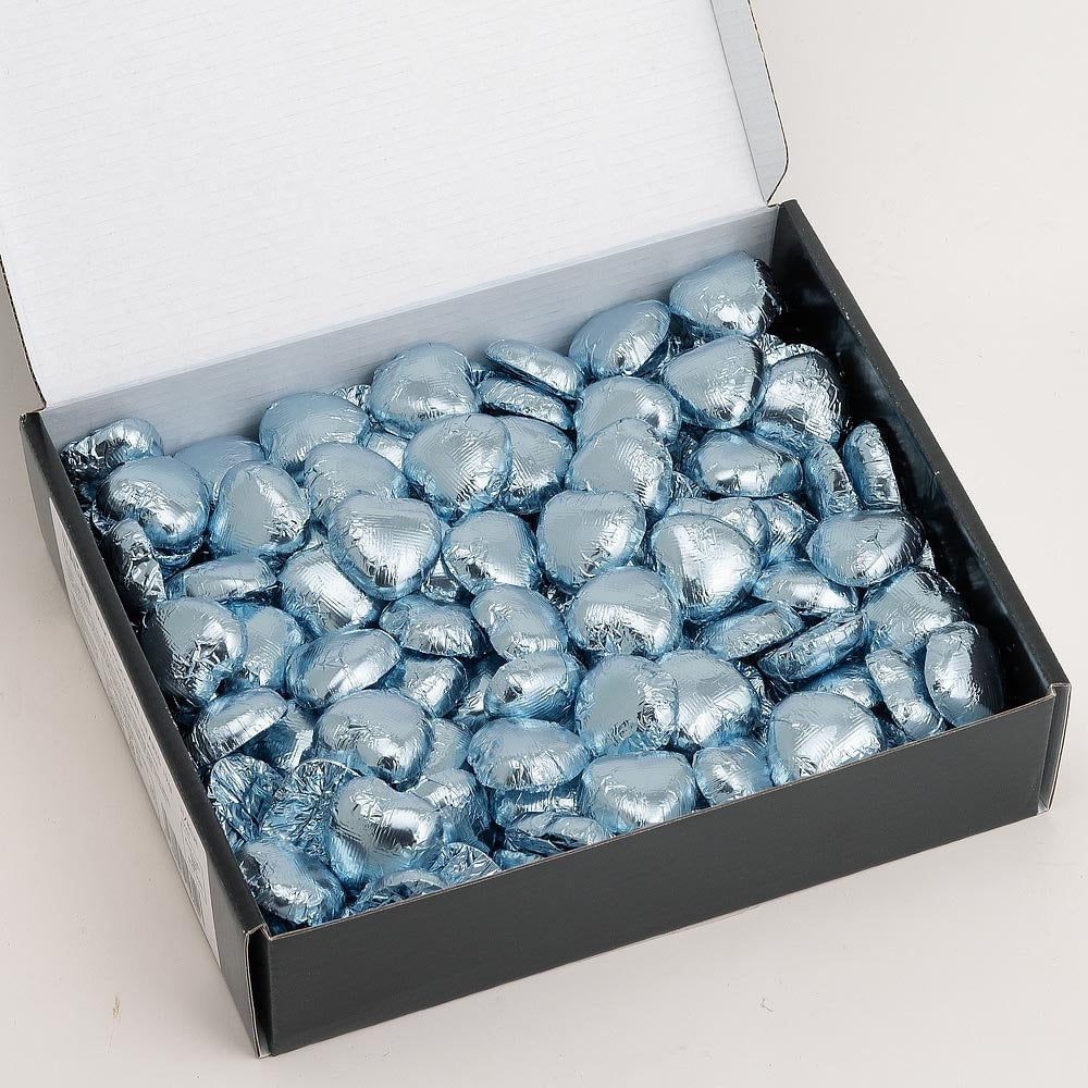 Pale blue chocolate heart wedding favours displayed in a box