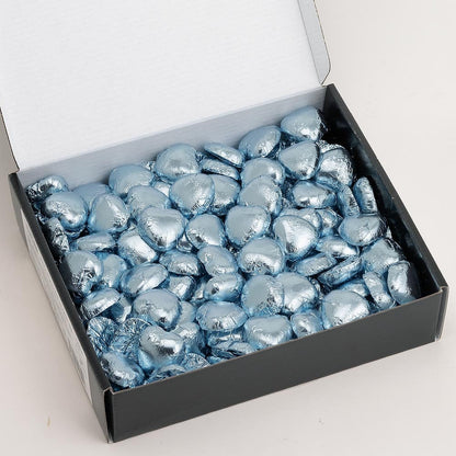 Pale blue chocolate heart wedding favours displayed in a box