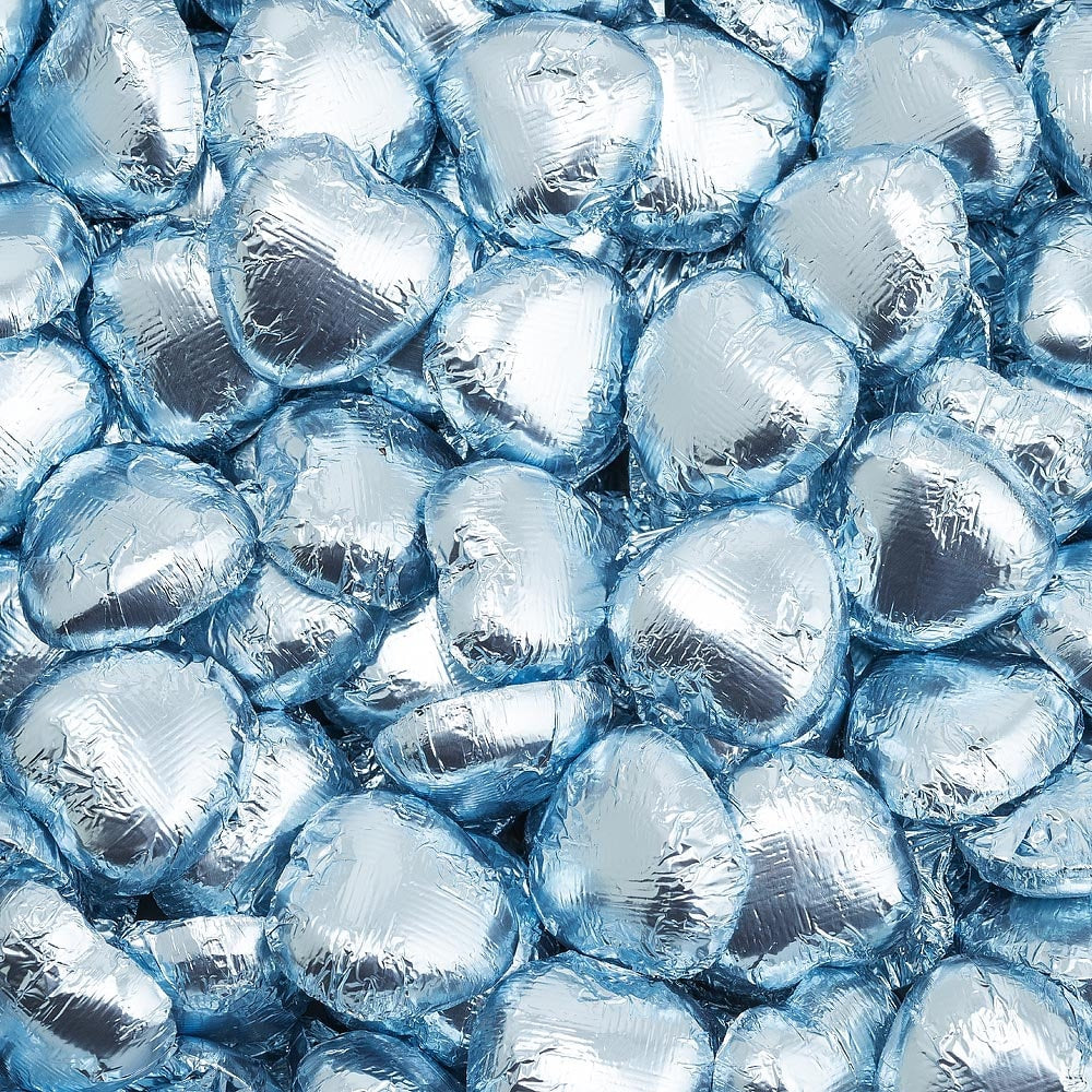 Pale blue foil heart chocolates for wedding favours and table settings