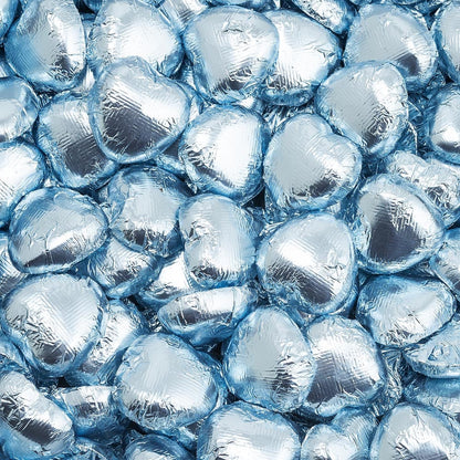 Pale blue foil heart chocolates for wedding favours and table settings