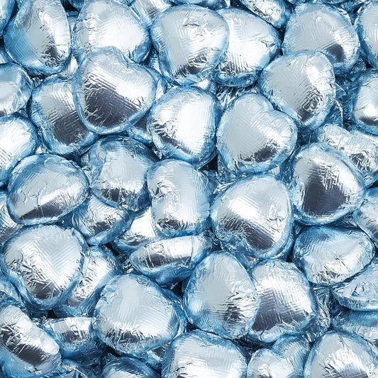 Pale blue foil heart chocolates for wedding favours and table settings