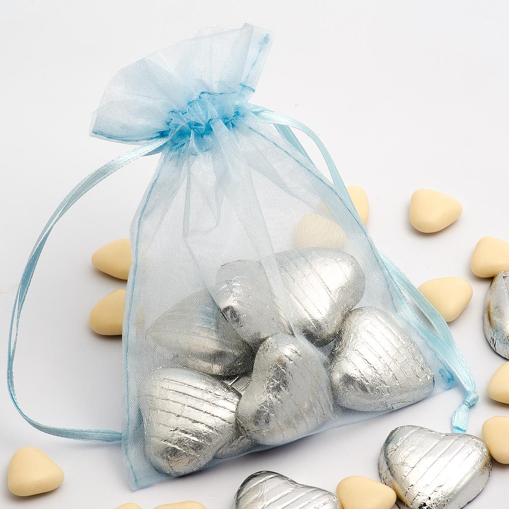 Pale Blue organza wedding favour bag filled with sweets
