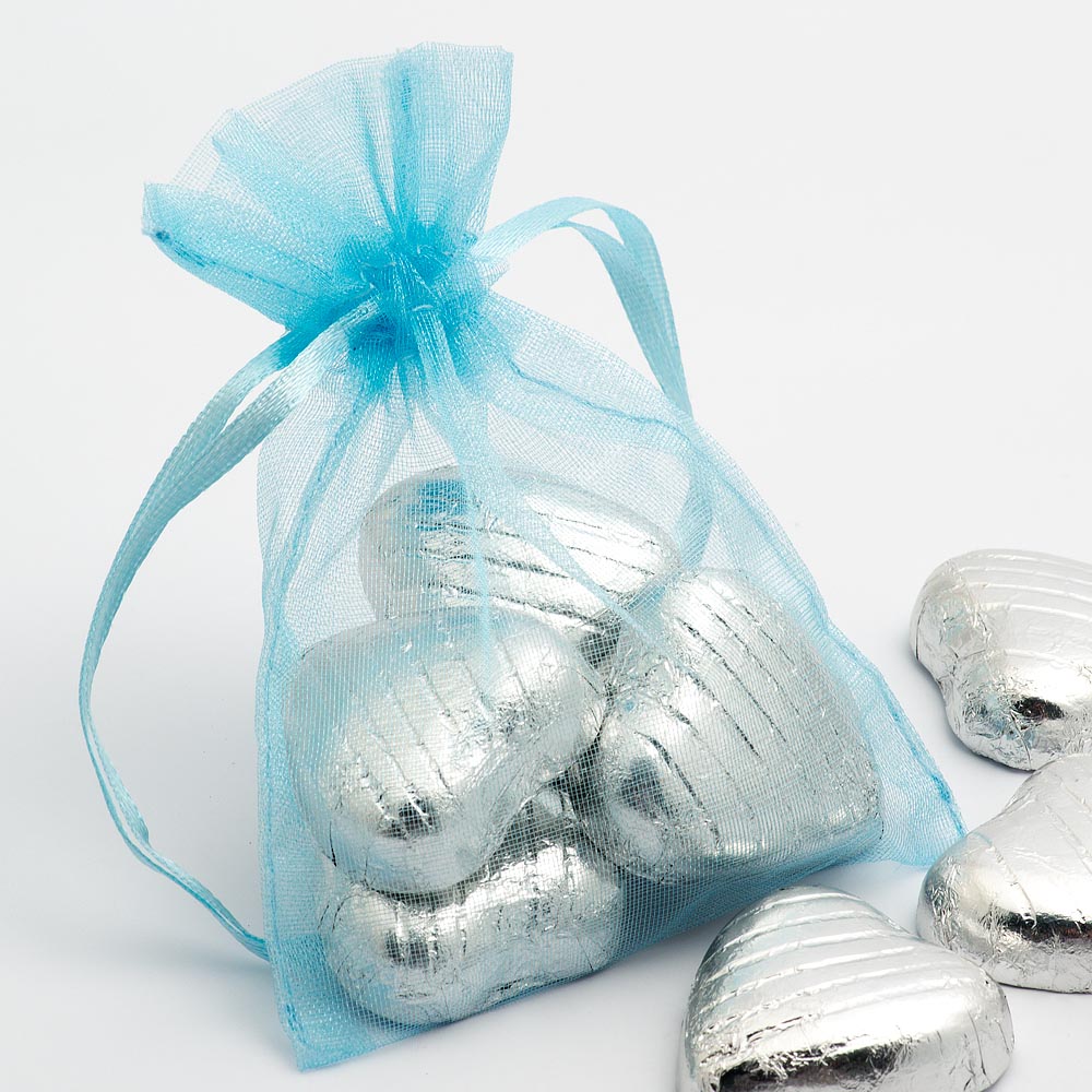 Pale Blue organza wedding favour bag filled with sweets