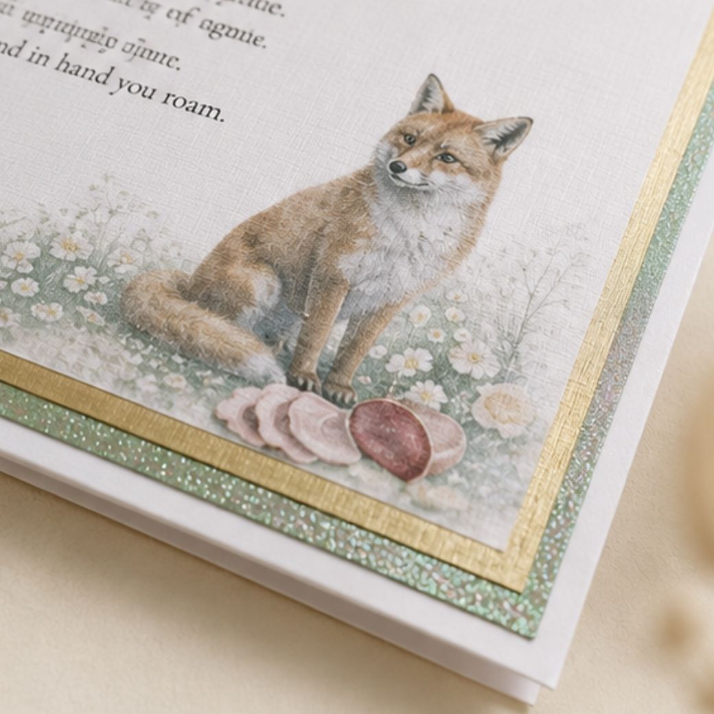 A close-up of a personalised order of service program featuring a fox illustration sitting among small white flowers, with decorative gold and green glitter borders and partial printed text visible.