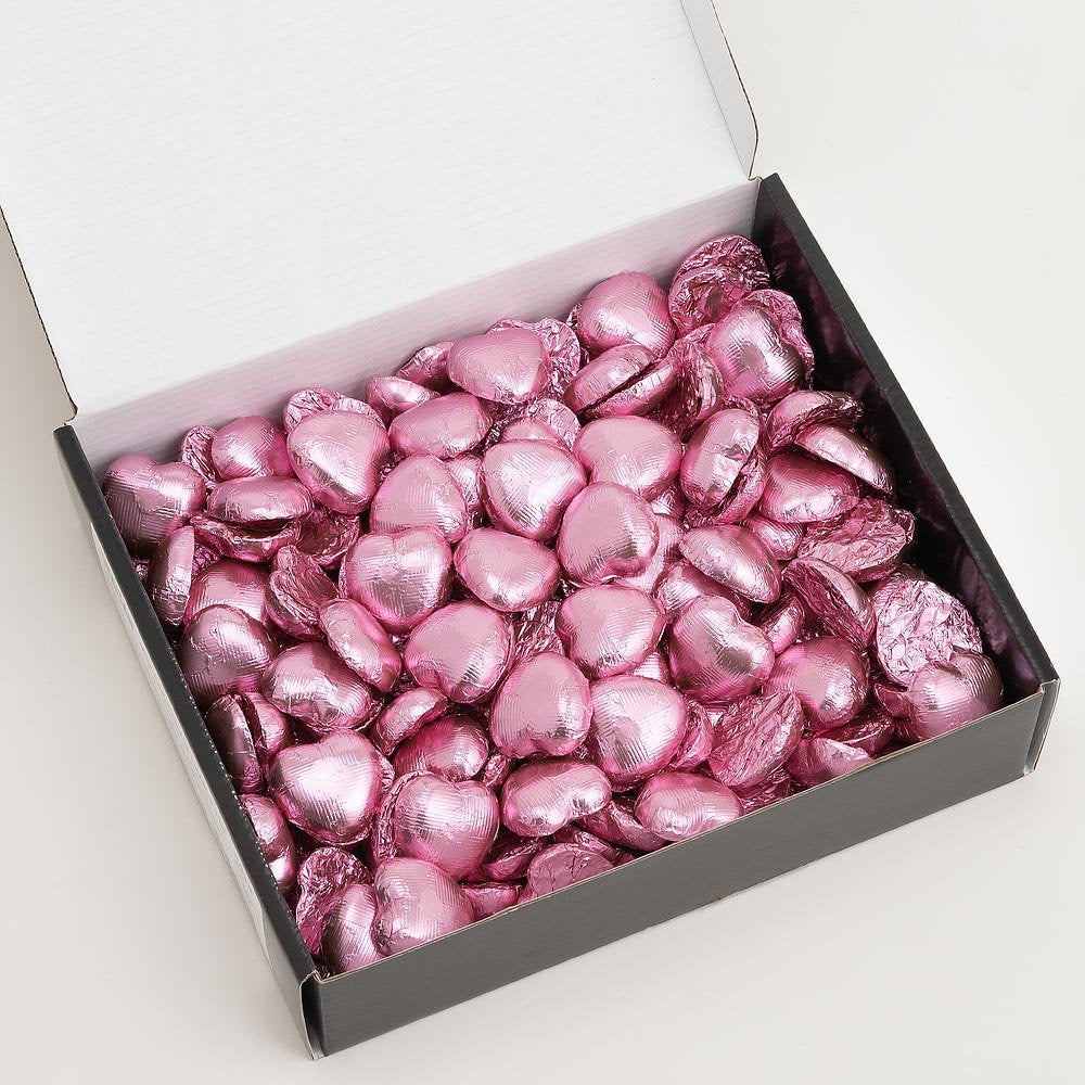 Pink foil wrapped heart chocolate with Belgian milk chocolate heart