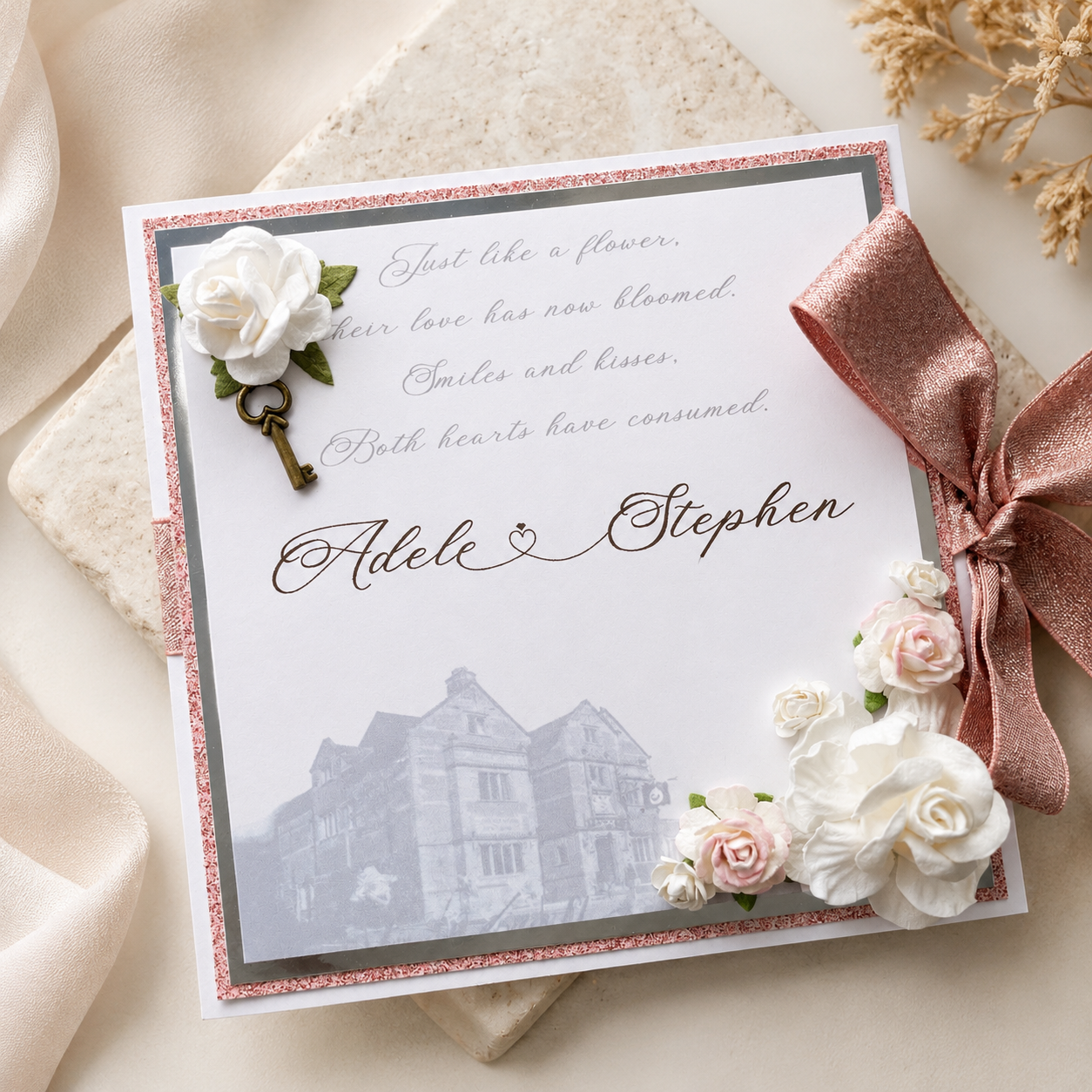 Pink glitter and white invitations for a Grosvenor Pulford wedding