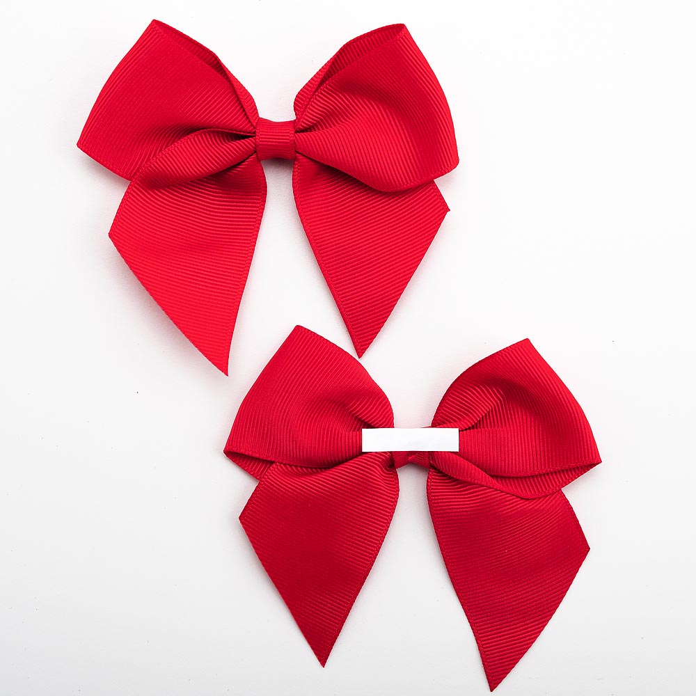 Front and back of red 10cm grosgrain bow showing the self-adhesive strip