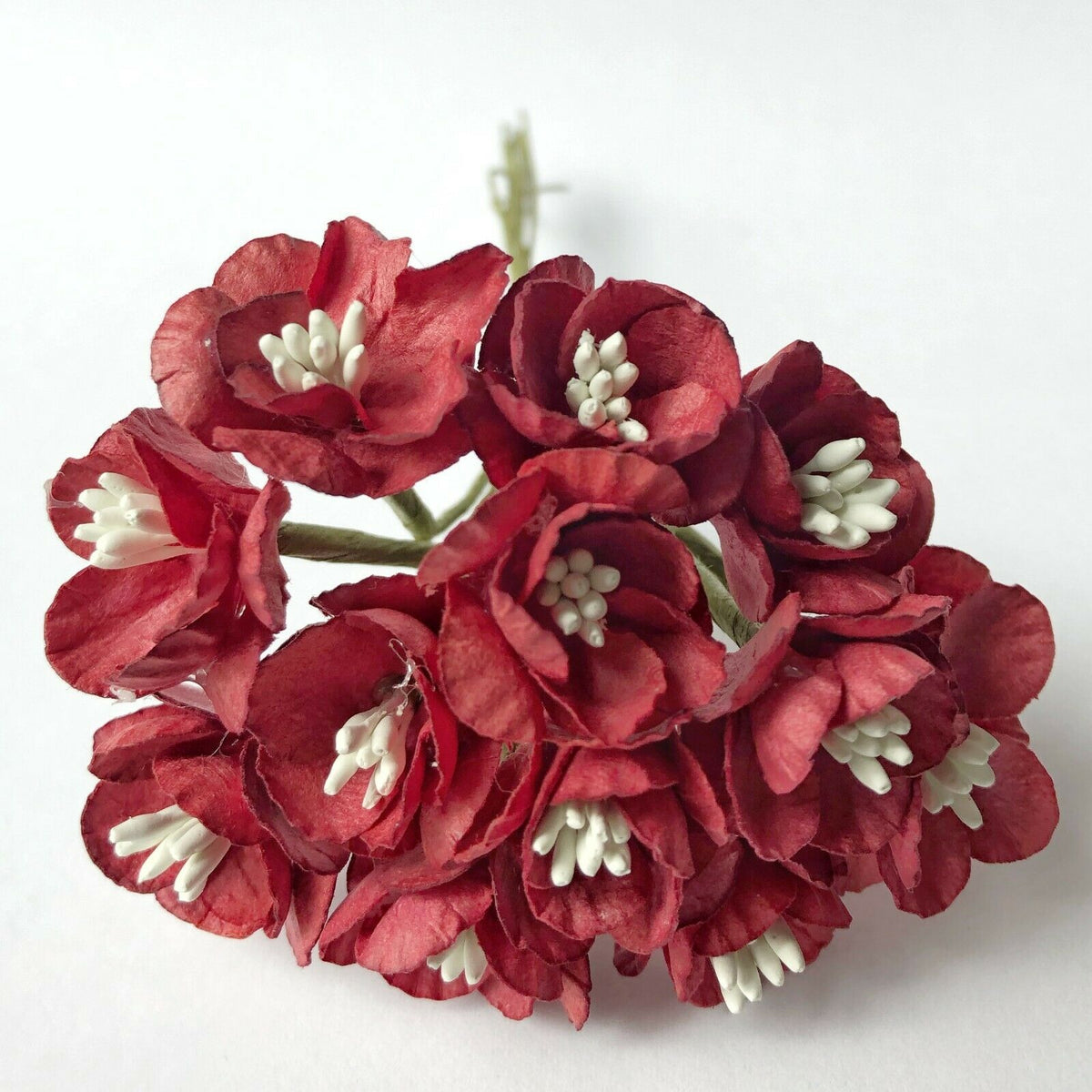 Red 25mm mulberry paper cherry blossom flowers with green wire stems for craft projects
