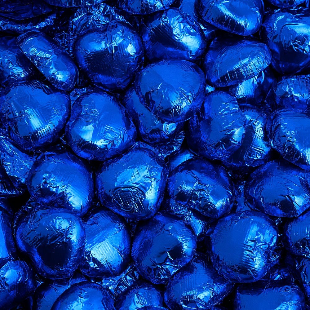 Royal blue foil wrapped heart chocolate with Belgian milk chocolate heart