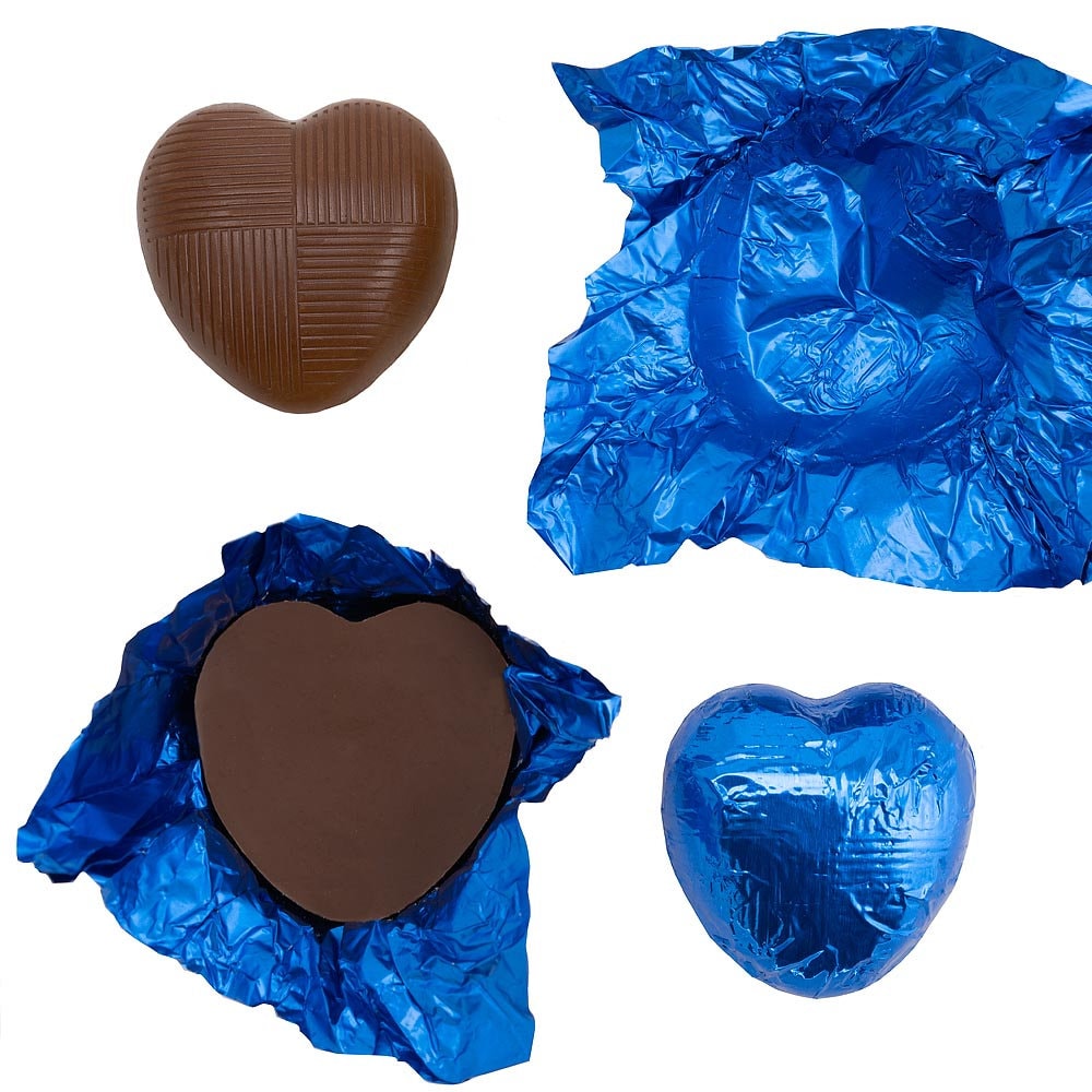 Royal blue foil heart chocolates for wedding favours and table settings